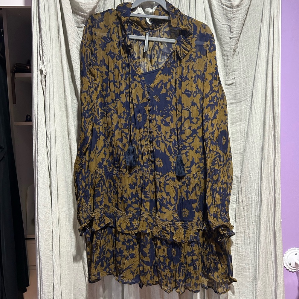 Floral Print Women's Dress - Blue and Brown